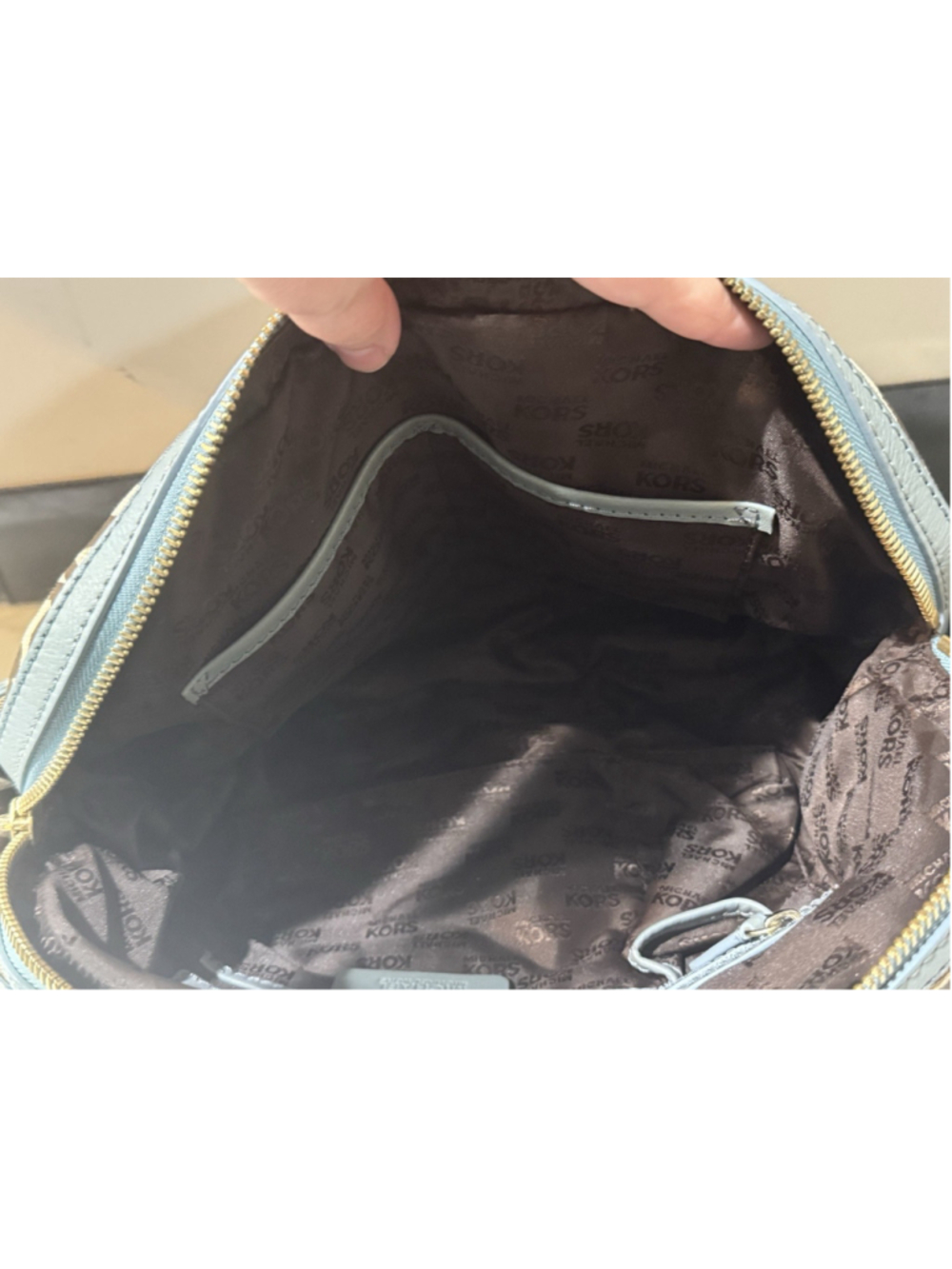 MICHAEL KORS monogram Beige Blue Teal jacquard LARGE satchel Y2K EUC Purse Bag - Picture 6 of 11